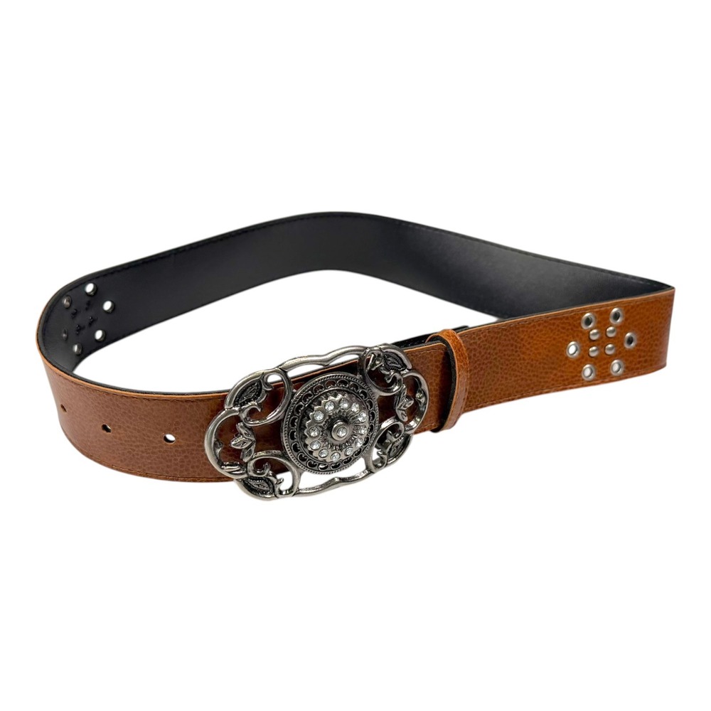 L Brown Belt Ornate Rhinestone Filigree Buckle Studded Western Boho Cowgirl